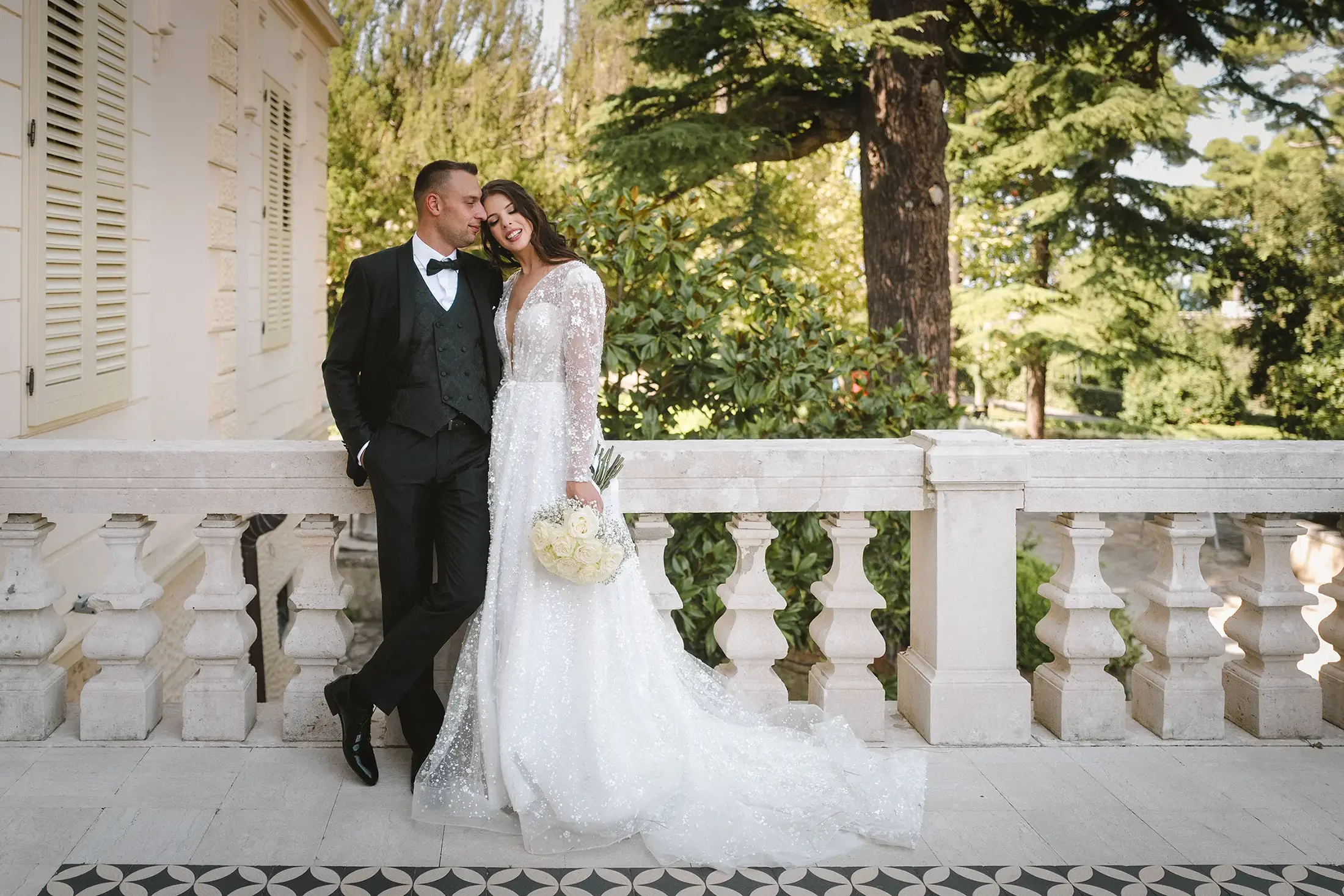 Bride and groom portrait on the terrace at Isabella Island Resort, Poreč