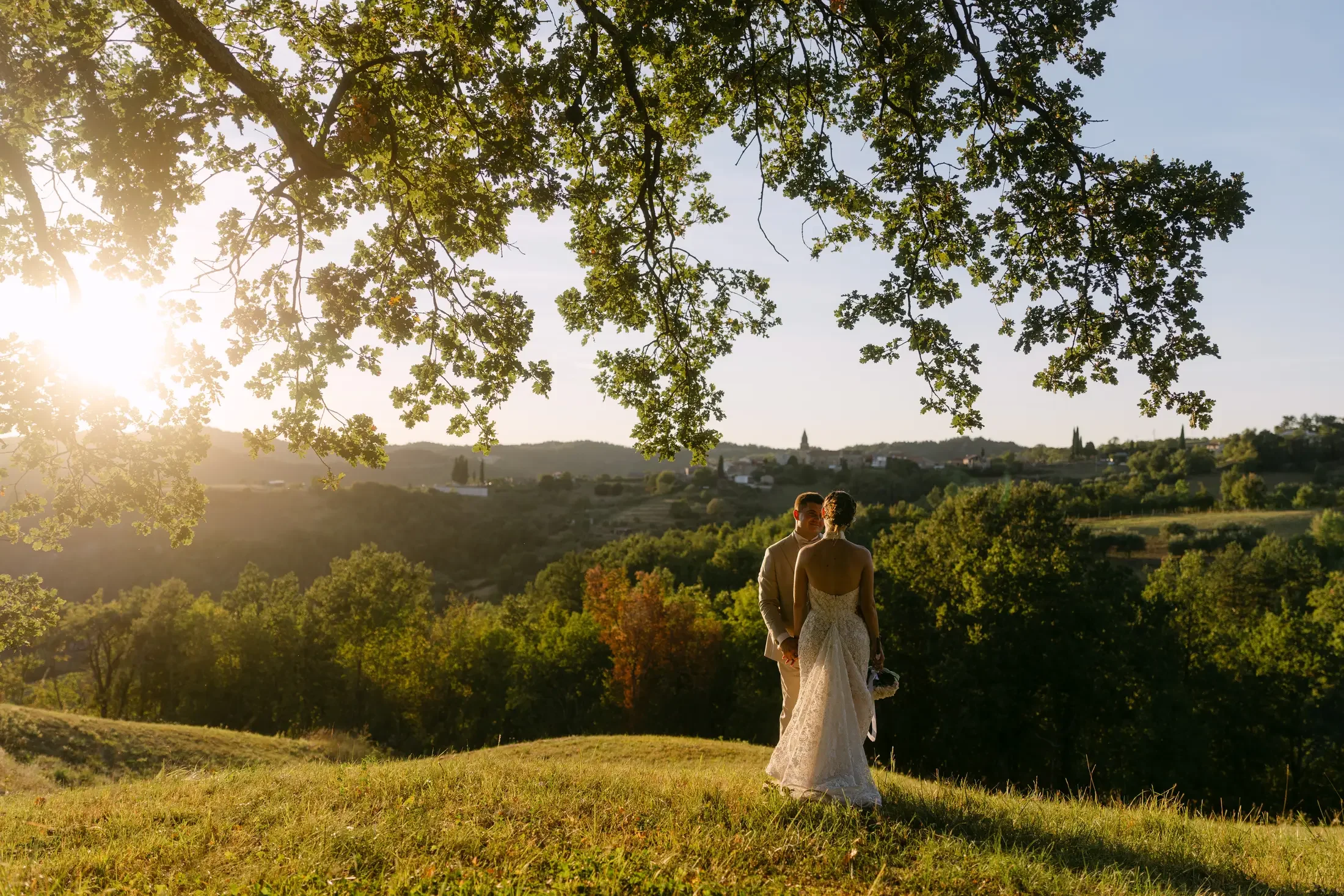 Wedding couple at sunset in Istria, Croatia